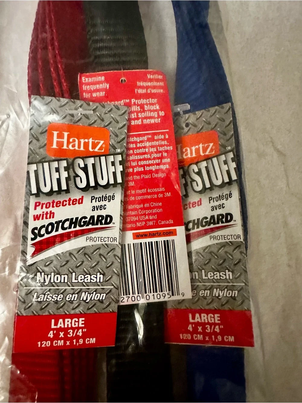 Hartz Tuff Stuff Bundle of 3 Nylon Dog Leashes NWT 4'. Red,Blue, Black.